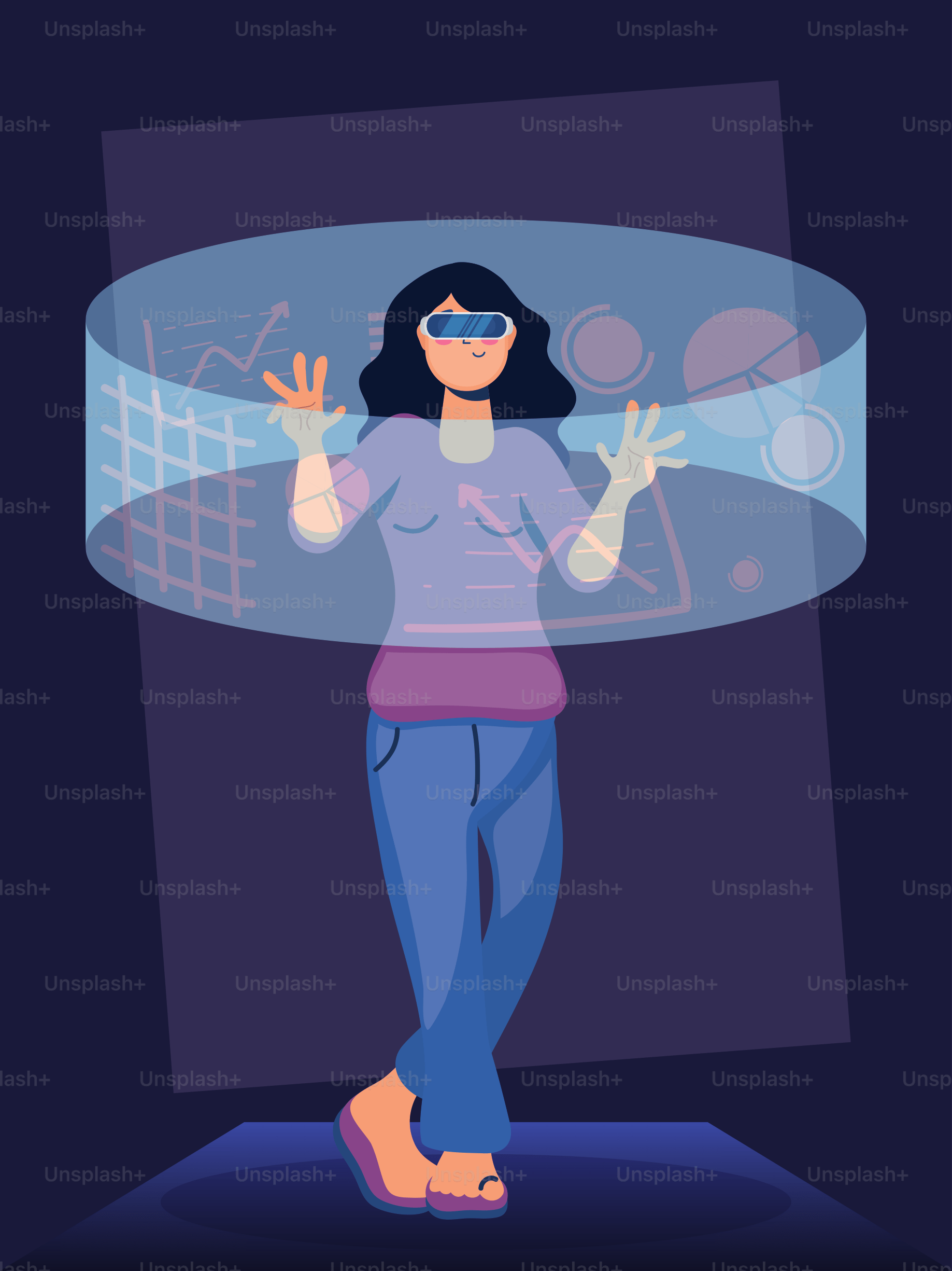 Woman Using Augmented Reality Technology Vector Illustration Design - Space Art Collection - Mobile Quality