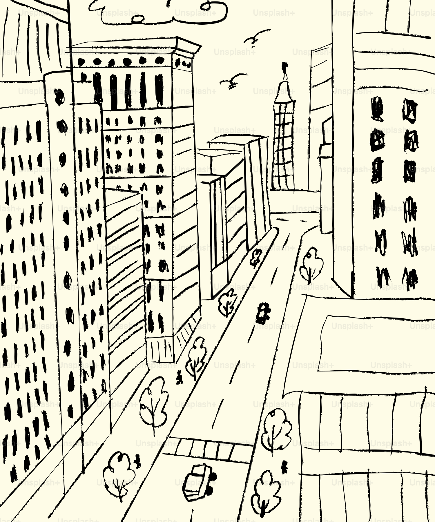 Vektor Sketsa Jalan Kota Dengan Bangunan Dan Pegunungan Gambar Latar