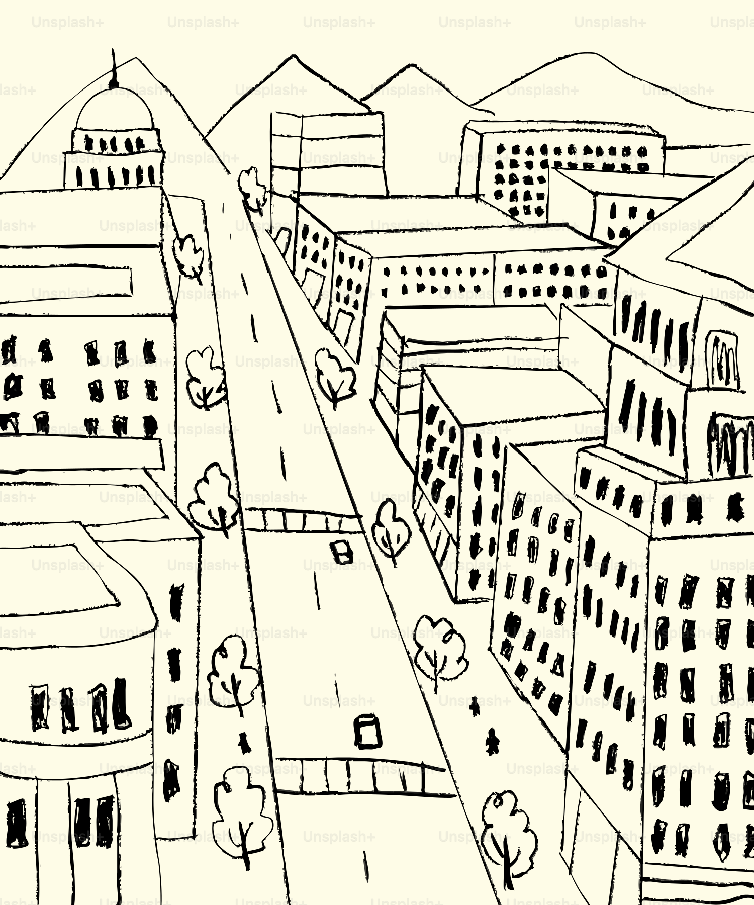 Vektor Sketsa Jalan Kota Dengan Bangunan Dan Pegunungan Gambar Latar