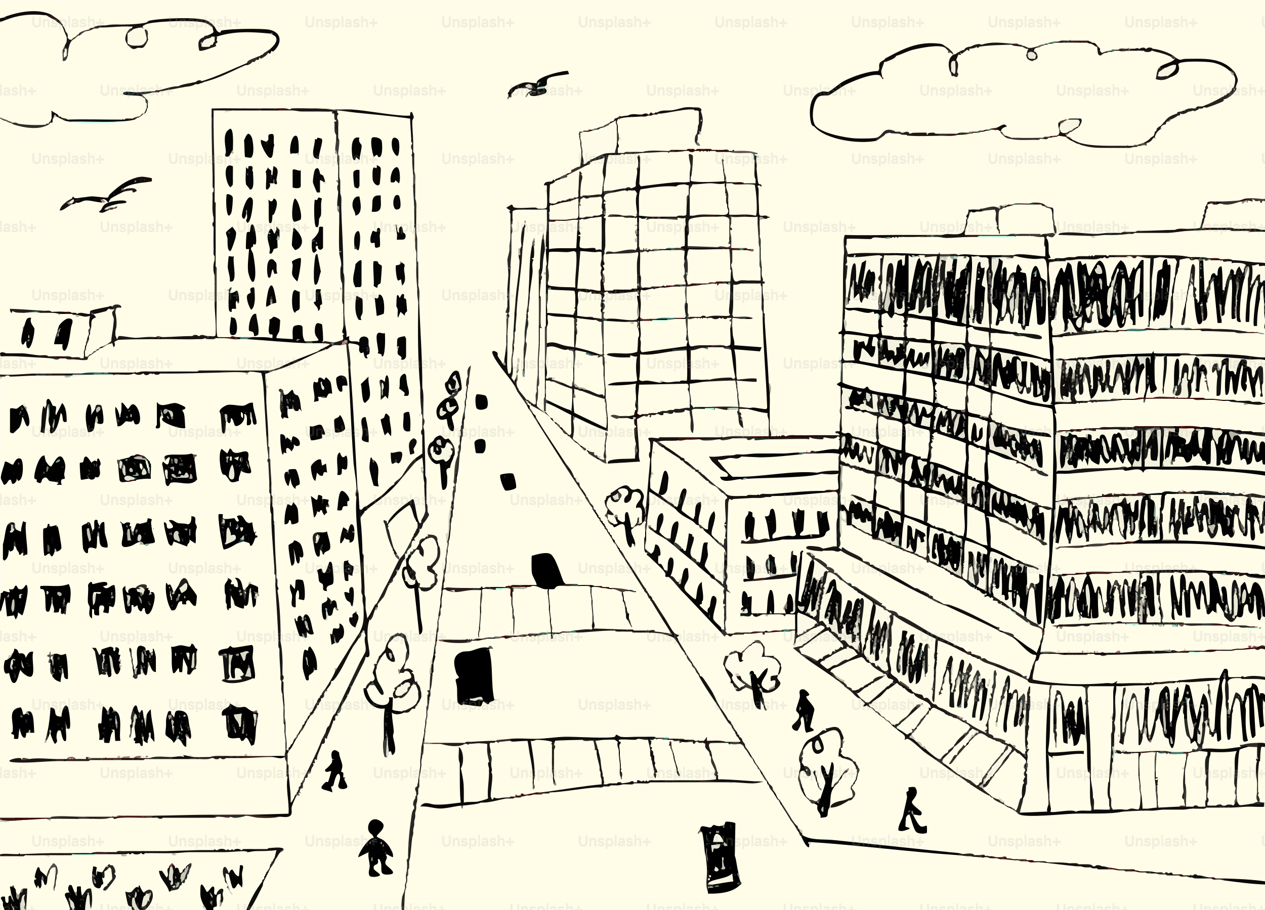 Vektor Sketsa Jalan Kota Dengan Bangunan Dan Pegunungan Gambar Latar