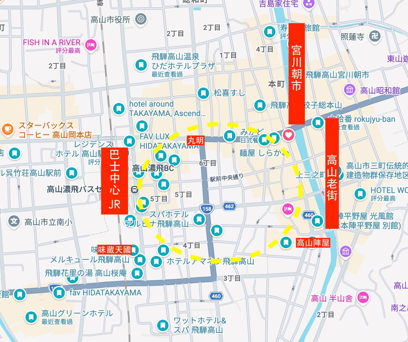 宮川朝市、高山老街、高山陣屋、JR與巴士中心的相對位置