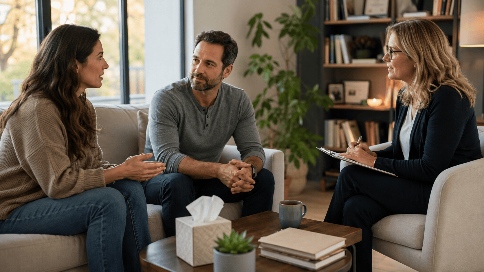 Couple speaking with therapist during counseling session