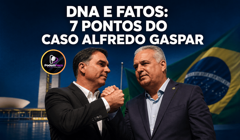 Flávio Bolsonaro e Alfredo Gaspar aparecem ao centro, diante de bandeiras do Brasil e do Congresso Nacional, em arte editorial com o título “DNA e fatos: 7 pontos do caso Alfredo Gaspar”.