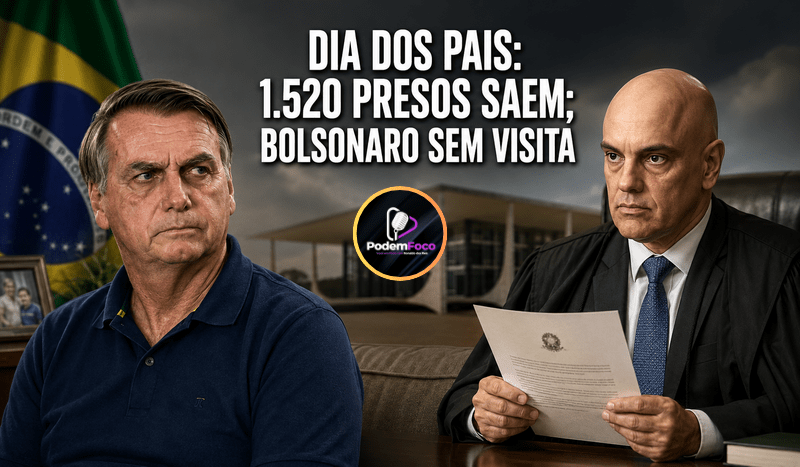 Caricatura editorial 3D ultrarrealista mostra Jair Bolsonaro em ambiente residencial e Alexandre de Moraes com decisão judicial, diante da bandeira do Brasil e do STF, com a manchete sobre o veto de visita no Dia dos Pais e a saída temporária de 1.520 presos no Distrito Federal.
