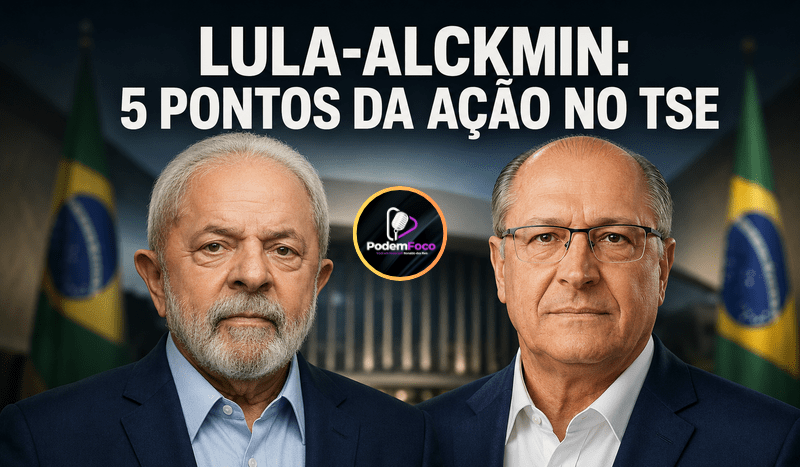 Caricatura editorial realista de Lula e Geraldo Alckmin diante de bandeiras do Brasil, com chamada sobre os cinco pontos da ação apresentada ao TSE.