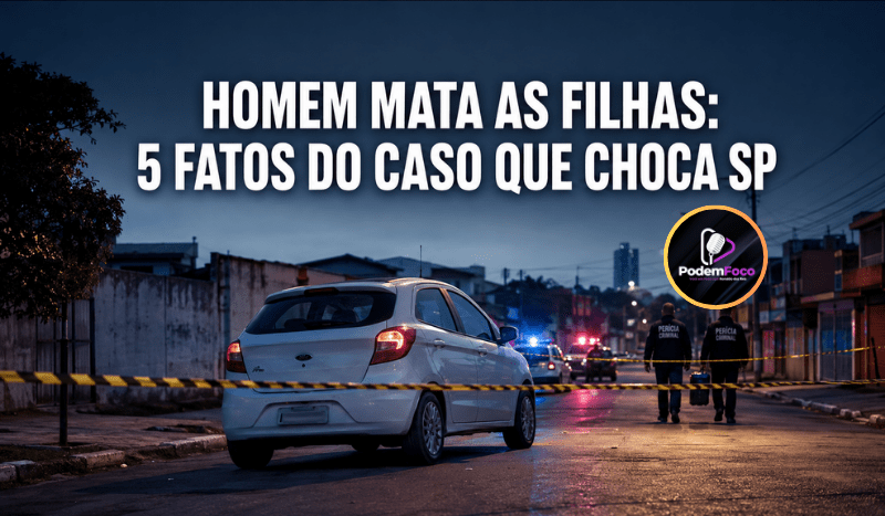 Arte jornalística não gráfica mostra carro isolado por fita policial em rua da zona sul de São Paulo, com luzes de viatura ao fundo e o título “Homem mata as filhas: 5 fatos do caso que choca SP”.