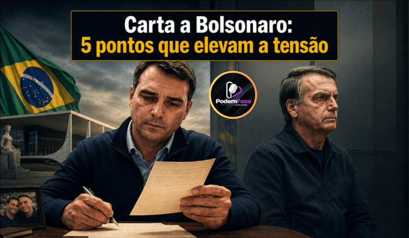 Ilustração editorial de Flávio Bolsonaro escrevendo uma carta, com Jair Bolsonaro ao fundo, bandeira do Brasil e referência ao STF, sob o título “Carta a Bolsonaro: 5 pontos que elevam a tensão”.