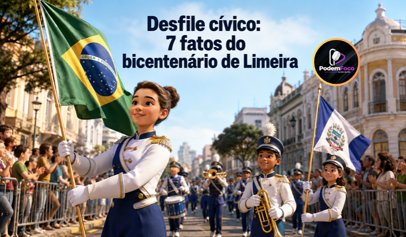 Fanfarra participa de desfile cívico no centro de Limeira, com bandeiras do Brasil e do município, em arte sobre a celebração dos 200 anos da cidade.