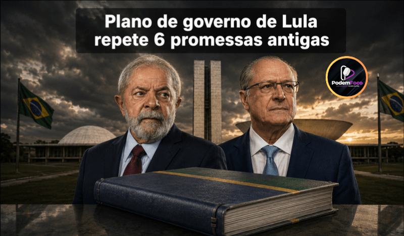 Caricatura editorial ultra-realista de Lula e Geraldo Alckmin diante do Congresso Nacional e de bandeiras do Brasil, com um grande livro simbolizando o plano de governo e a manchete sobre seis promessas antigas.