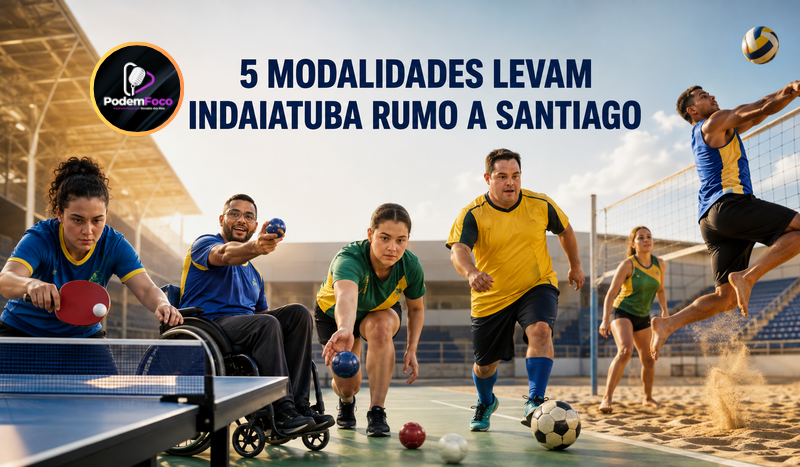 Atletas adultos com e sem deficiência intelectual praticam diferentes modalidades esportivas em uma arena, em arte editorial sobre os Jogos Regionais Sudeste em Indaiatuba e a seletiva para Santiago 2027.