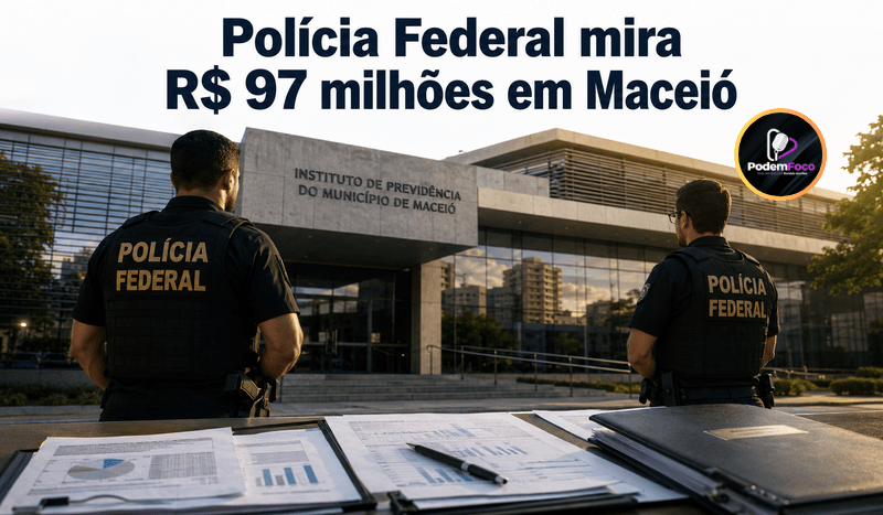 Agentes da Polícia Federal diante de um instituto de previdência em Maceió, com documentos financeiros em primeiro plano e manchete sobre a investigação de R$ 97 milhões.