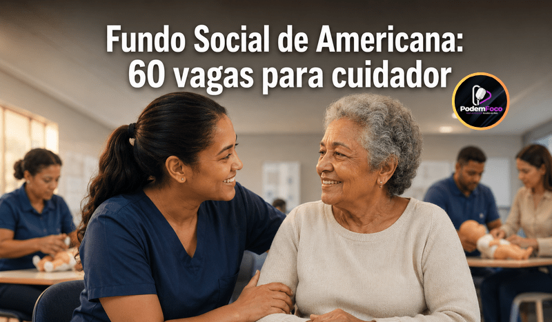 Cuidadora conversa com uma mulher idosa em ambiente de capacitação, com a manchete sobre 60 vagas do Fundo Social de Americana para curso de cuidador.