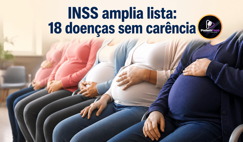 Gestantes sentadas em sala de espera, com as mãos sobre a barriga, ilustram a ampliação da lista de 18 condições do INSS sem carência mínima.