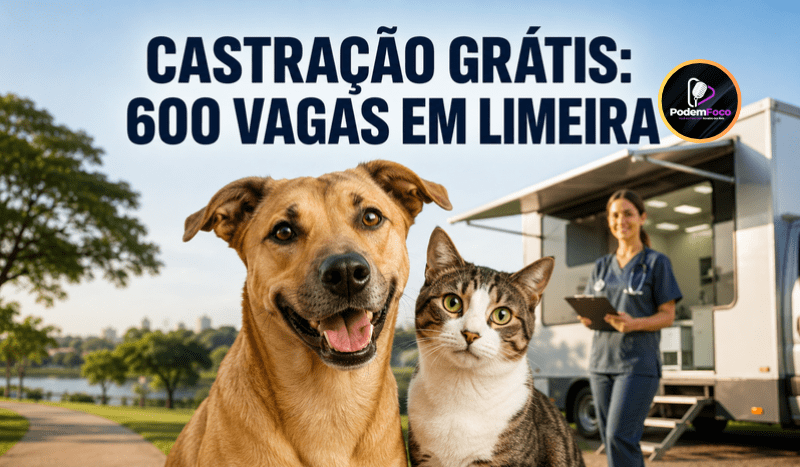 Cão caramelo e gato em primeiro plano diante de uma unidade veterinária móvel no Parque Cidade, com a manchete sobre 600 vagas gratuitas para castração em Limeira.