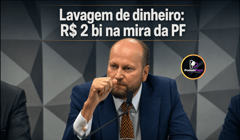 Caricatura 3D ultra-realista do advogado Nelson Wilians, de terno azul, sentado diante de um microfone em ambiente institucional, com a manchete “Lavagem de dinheiro: R$ 2 bi na mira da PF”.