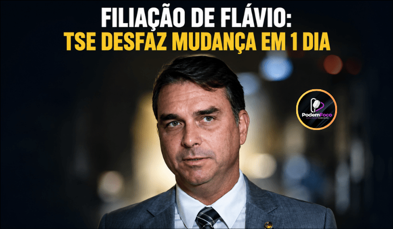 Arte jornalística com retrato de Flávio Bolsonaro de terno cinza diante de fundo escuro e a manchete “Filiação de Flávio: TSE desfaz mudança em 1 dia” em branco e amarelo.