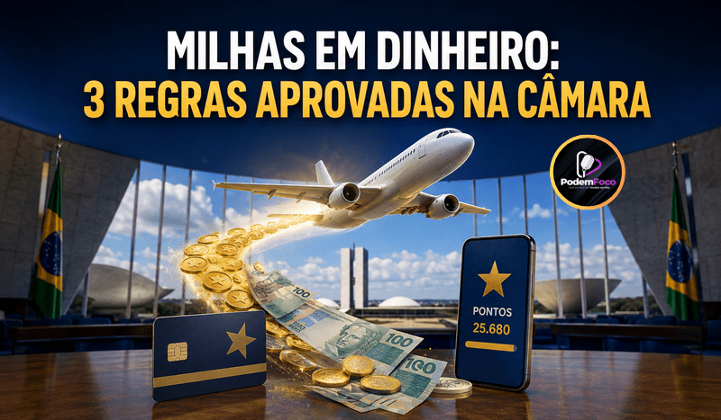 Montagem editorial mostra avião sobre o Congresso Nacional, cartão de fidelidade, celular com saldo de pontos e milhas transformando-se em dinheiro, com o título sobre três regras aprovadas pela Câmara.