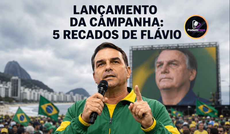 Ilustração editorial 3D de Flávio Bolsonaro discursando ao microfone no lançamento da campanha em Copacabana, com bandeiras brasileiras e imagem simbólica de Jair Bolsonaro em um telão ao fundo.