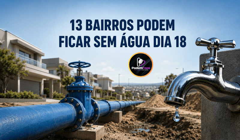 Arte jornalística mostra uma torneira com uma única gota e uma adutora azul em área residencial, com o título “13 bairros podem ficar sem água dia 18”.