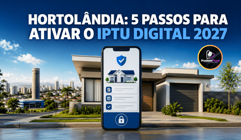 Celular exibindo uma representação do IPTU Digital 2027 diante de residência e paisagem urbana de Hortolândia.