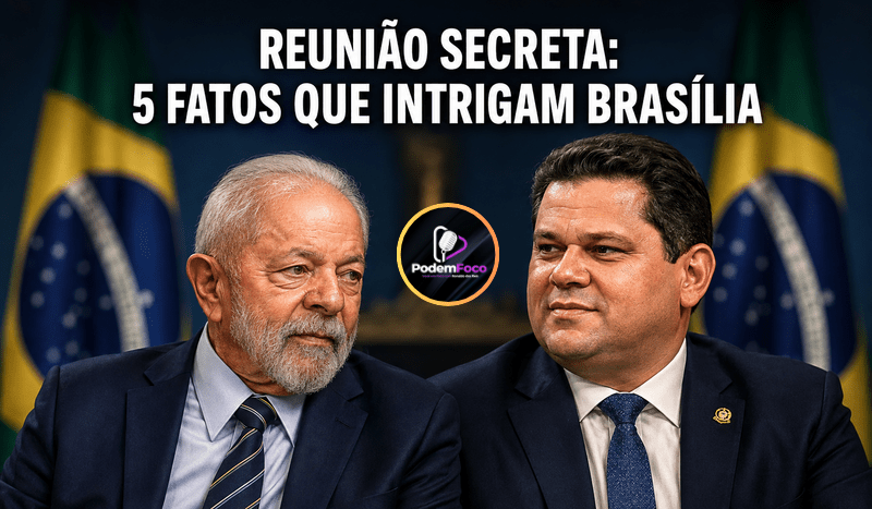 Caricatura editorial 3D realista de Lula e Davi Alcolumbre diante de bandeiras do Brasil, com a manchete “Reunião secreta: 5 fatos que intrigam Brasília”.
