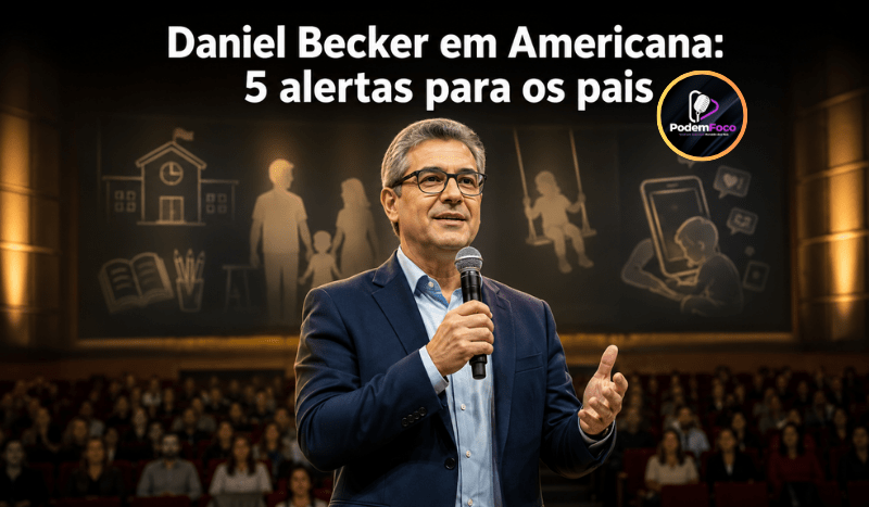 Caricatura editorial realista do pediatra Daniel Becker segurando um microfone durante palestra em teatro, com referências visuais à família, à escola, às brincadeiras e ao uso de telas por crianças.