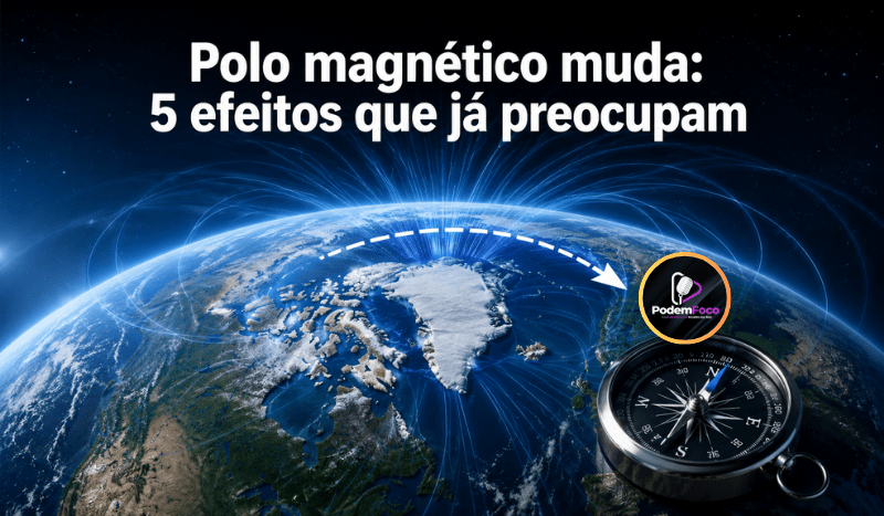 Ilustração editorial 3D da Terra vista do espaço, com o Ártico em destaque, linhas azuis representando o campo magnético, uma bússola e uma seta indicando o deslocamento do polo norte magnético do Canadá em direção à Sibéria.