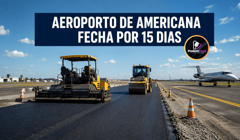 Obras de pavimentação e alargamento da pista do Aeroporto de Americana, com máquinas trabalhando e aeronave ao fundo, durante fechamento temporário de 15 dias.