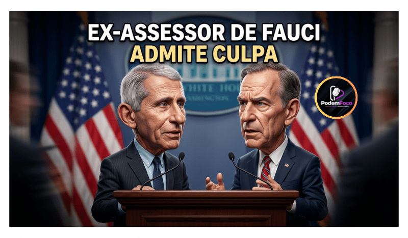 Ilustração estilizada e editorial em 3D de duas autoridades diplomáticas em frente às bandeiras dos EUA, representando o escândalo do ex-assessor de Fauci.