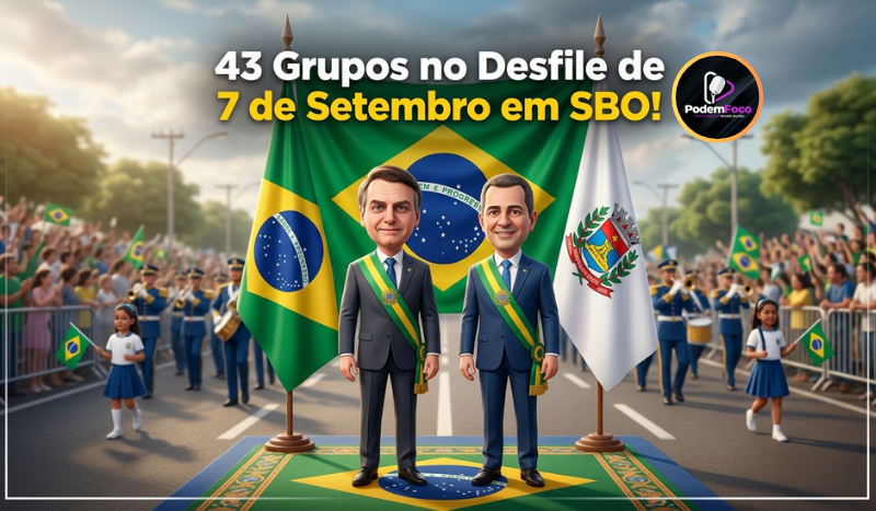 Ilustração estilizada de autoridades municipais e desfile cívico de 7 de setembro em Santa Bárbara d'Oeste, com bandeiras ao fundo e título da matéria em destaque.