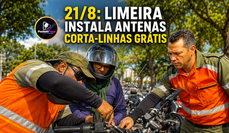Equipe instala uma antena corta-linhas no guidão de uma motocicleta durante ação preventiva para motociclistas em Limeira.