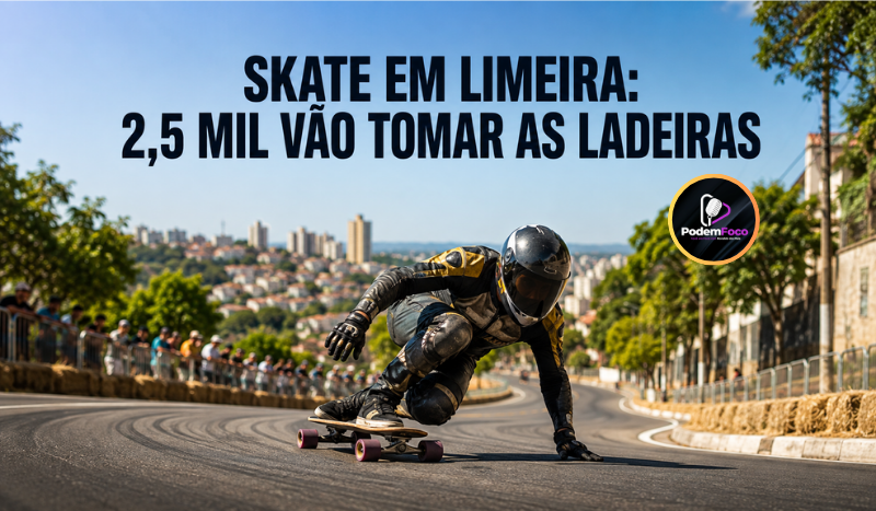 Atleta de skate downhill faz curva em alta velocidade durante representação editorial do Festival NALADEIRA 2026, em Limeira.