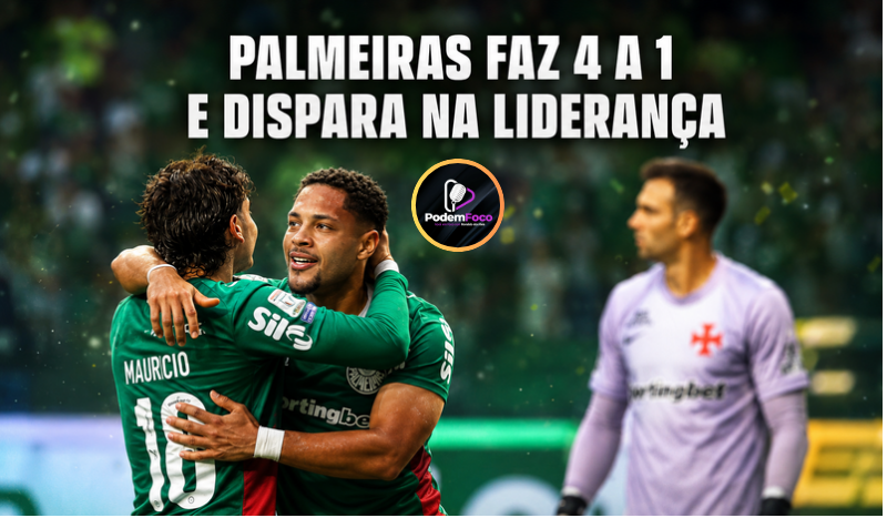 Mauricio e Vitor Roque, jogadores do Palmeiras, comemoram abraçados durante a vitória por 4 a 1 sobre o Vasco no Brasileirão de 2026, com Léo Jardim desfocado ao fundo.
