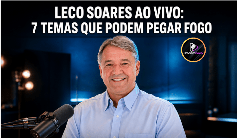 Leco Soares, vereador de Americana, em arte editorial diante de um microfone de podcast, com fundo azul e chamada para entrevista ao vivo no PODEMFOCO.