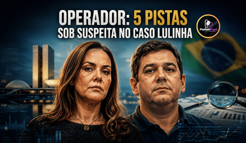 Ilustração editorial 3D de Roberta Luchsinger e Fábio Luís Lula da Silva diante do Congresso Nacional, com bandeira do Brasil, documentos financeiros e lupa ao fundo; título informa cinco pistas sob suspeita no caso Lulinha.