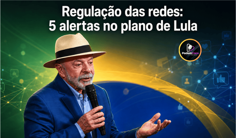 Caricatura 3D realista de Lula usando chapéu e terno azul, segurando um microfone diante de fundo nas cores do Brasil com conexões digitais e o título sobre cinco alertas na regulação das redes.