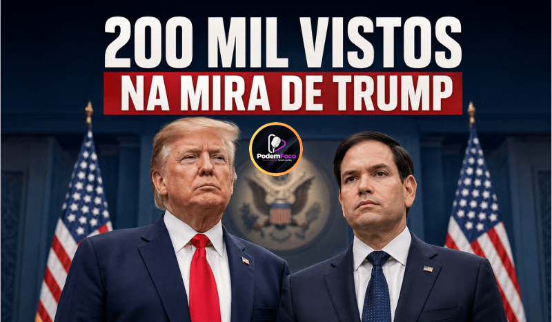 Ilustração editorial ultrarrealista de Donald Trump e Marco Rubio diante de bandeiras dos Estados Unidos, com a manchete “200 mil vistos na mira de Trump”.