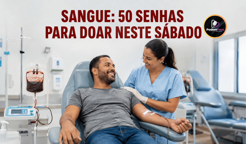 Doador de sangue em uma poltrona hospitalar recebe atendimento de uma profissional de enfermagem, com a manchete sobre as 50 senhas disponíveis no sábado em Americana.