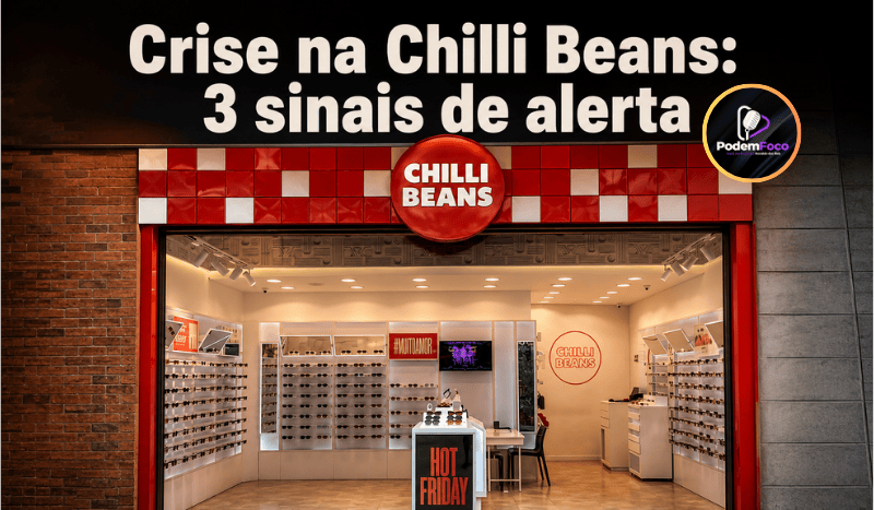 Fachada de uma loja Chilli Beans em composição editorial vermelha e preta, com a manchete “Crise na Chilli Beans: 3 sinais de alerta”.