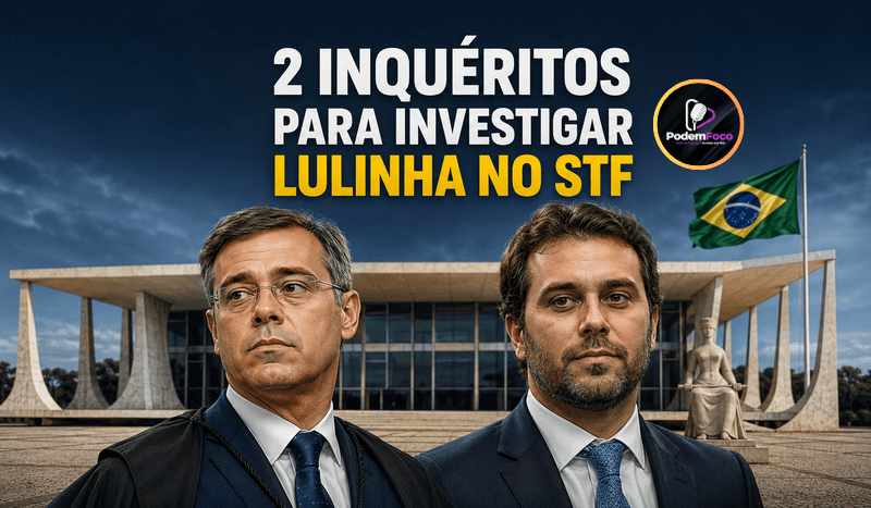 Ilustração editorial de André Mendonça e Fábio Luís Lula da Silva diante do prédio do STF e da bandeira do Brasil, com a manchete “2 inquéritos para investigar Lulinha no STF”.
