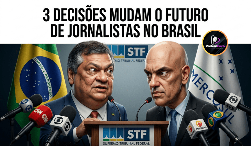 Caricatura editorial estilizada representando o debate sobre a regulamentação profissional de jornalistas e comunicadores digitais no Brasil.