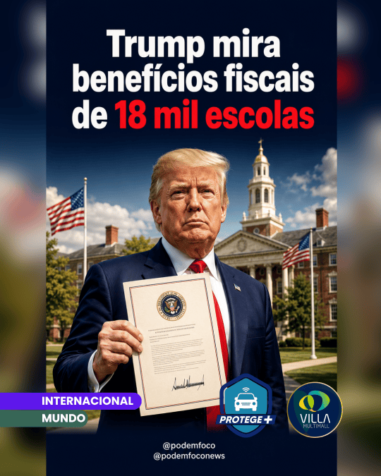 Donald Trump segura um documento oficial diante de um campus universitário americano, com bandeiras dos Estados Unidos ao fundo e a manchete sobre benefícios fiscais de 18 mil escolas.