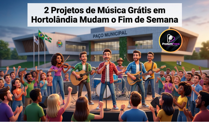 Apresentação musical ao vivo no Paço Municipal de Hortolândia com público assistindo ao show gratuito.