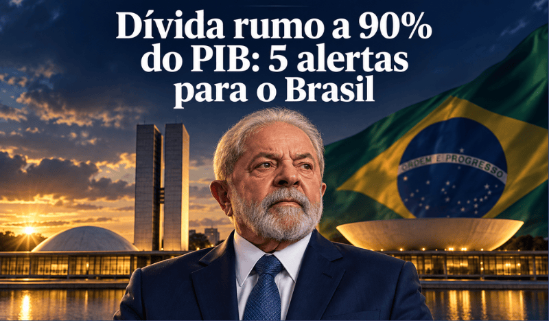 Ilustração editorial de Lula de terno azul, com Congresso Nacional e bandeira brasileira ao fundo, sob o título “Dívida rumo a 90% do PIB: 5 alertas para o Brasil”.