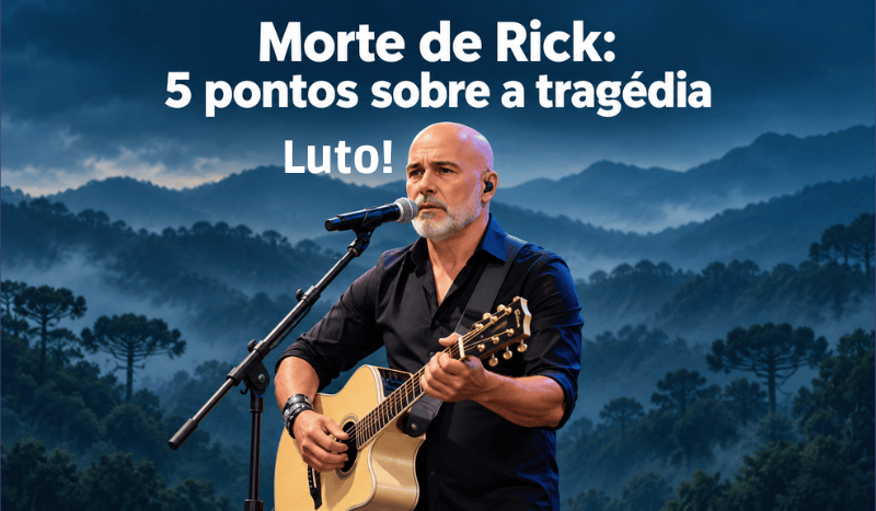 Ilustração editorial de Rick Sollo, de camisa preta, cantando ao microfone e tocando violão, diante de uma paisagem serrana, com a manchete “Morte de Rick: 5 pontos sobre a tragédia”.