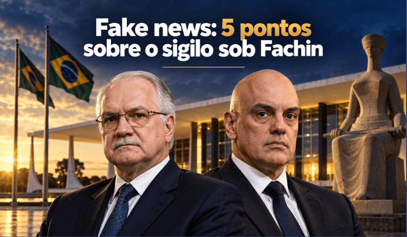 Ilustração editorial em 3D de Edson Fachin e Alexandre de Moraes diante de referências ao STF e bandeiras brasileiras, com título sobre cinco pontos do sigilo.