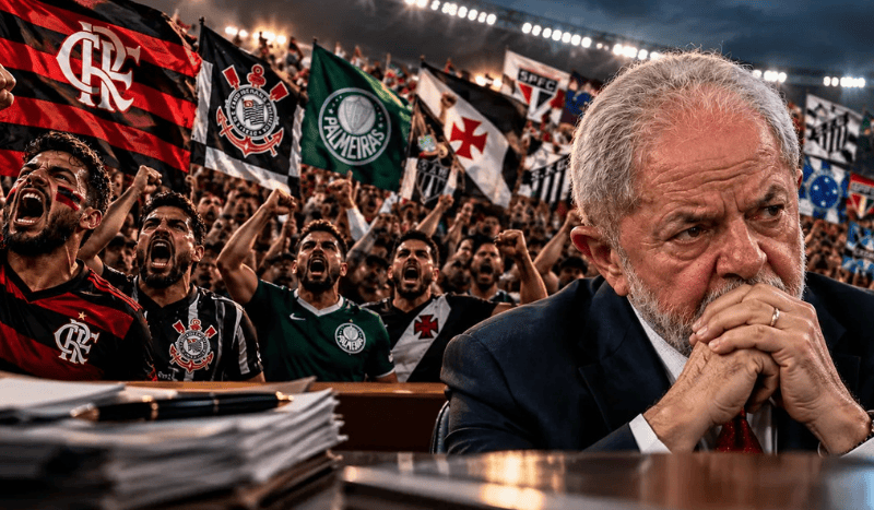 Ilustração editorial de Lula diante de camisas de futebol, com bola e elementos que simbolizam o debate sobre a proibição das apostas.