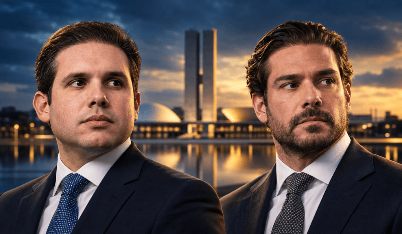 Ilustração editorial em 3D de Hugo Motta e Daniel Vorcaro em composição com o Congresso Nacional ao fundo.