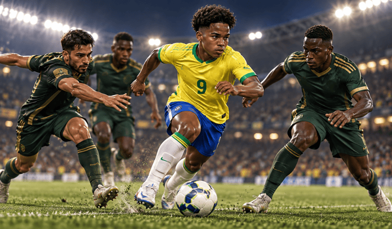 Caricatura realista do atacante Endrick com a camisa 9 da Seleção Brasileira, em ação durante o amistoso contra a Austrália, em Brisbane.
