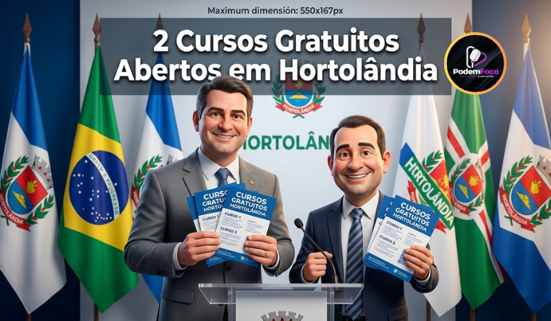 Duas autoridades em evento oficial apresentando cartaz sobre a abertura de dois novos cursos gratuitos do Fundo Social de Hortolândia.